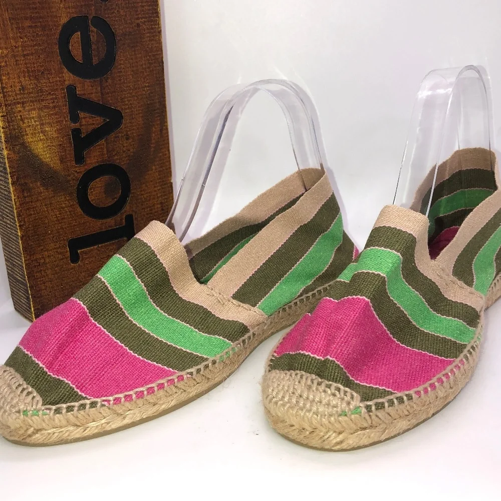 DIEGO Khaki, Pink Stripe Flat Slip On Espadrilles- UK 39/US?? *See Size Chart*